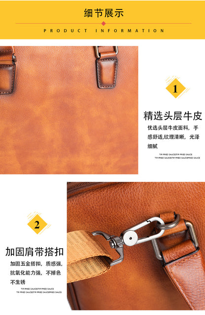 メンズブリーフケース牛革本革製レトロカジュアル男性用斜めがけバッグハンドバッグ