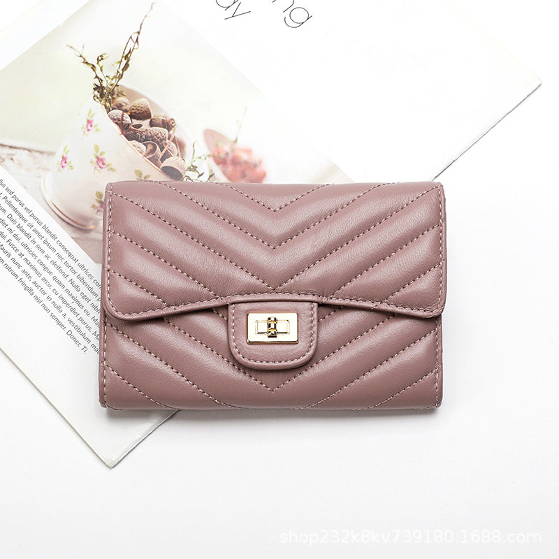 Sheep leather women's wallet stylish tri-fold wallet simple V size check coin purse high quality