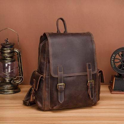 Men's Rucksack Genuine Cowhide Leather Retro Large Capacity Computer Bag for Men 
