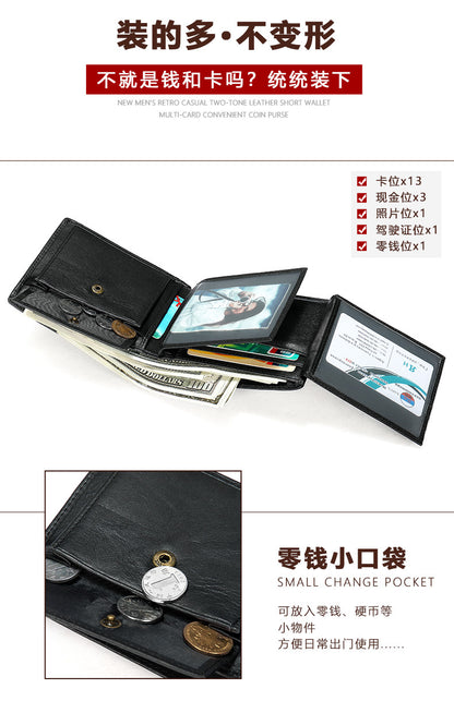 メンズ 短財布 牛皮 本革製 rfidカード入れ レトロ男性用ウォレットカードバッグ