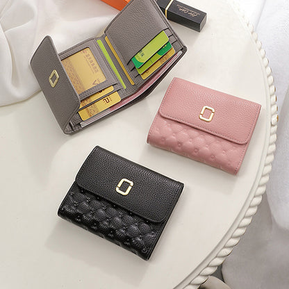 Short Length Ladies Cowhide Check Wallet Fashion Multifunctional Wallet Trifold Wallet