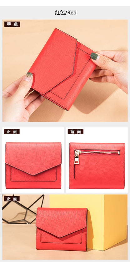 Men's short wallet, genuine cowhide leather, casual lychee pattern, coin, card bag, unisex wallet 