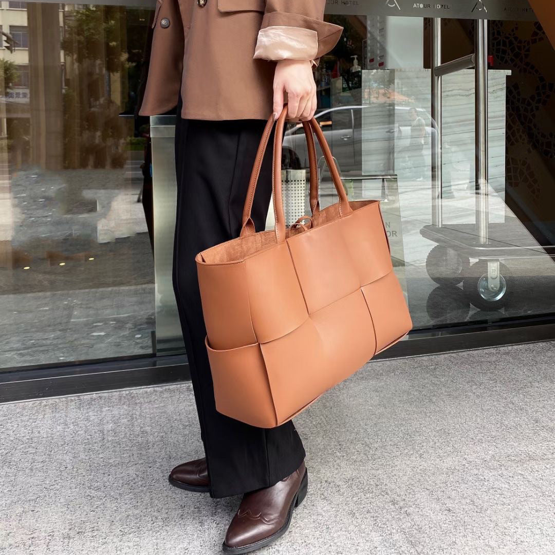 Women's Handbag Genuine Leather Tote Bag Large Capacity Shoulder Bag Crossbody Back String Tape Fashion
