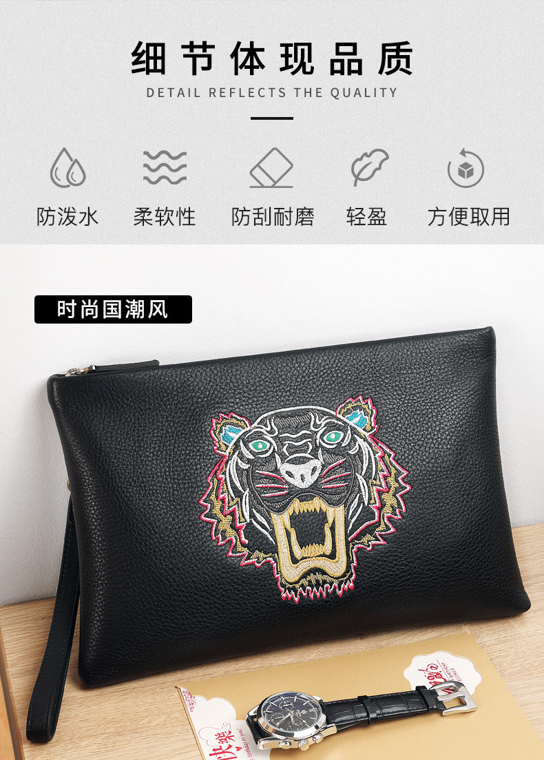メンズクラッチバッグ  牛皮本革製 カジュアルファッション 虎の頭刺繍 男性用ハンドバッグ