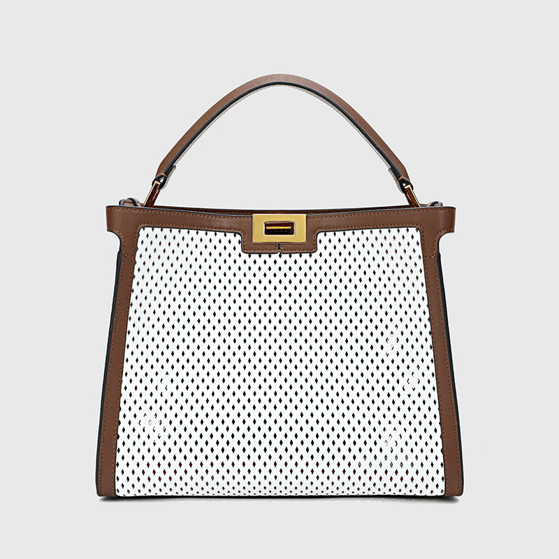 Casual large capacity cowhide openwork color ladies handbag crossbody bag goes with anything 