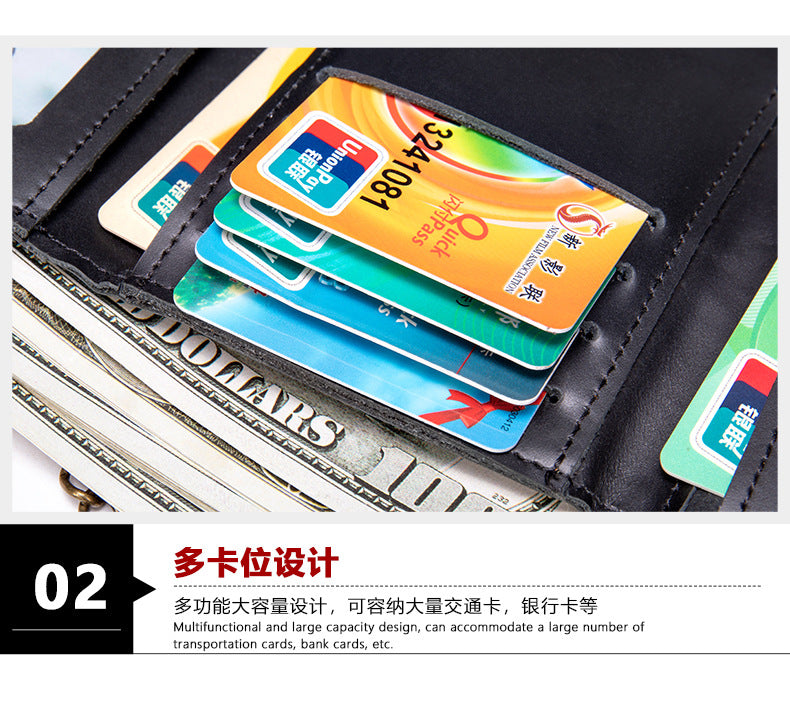 メンズ短財布 牛皮本革製 レトロチェーン 多機能  3つ折り 盗難防止 男性用ウォレット