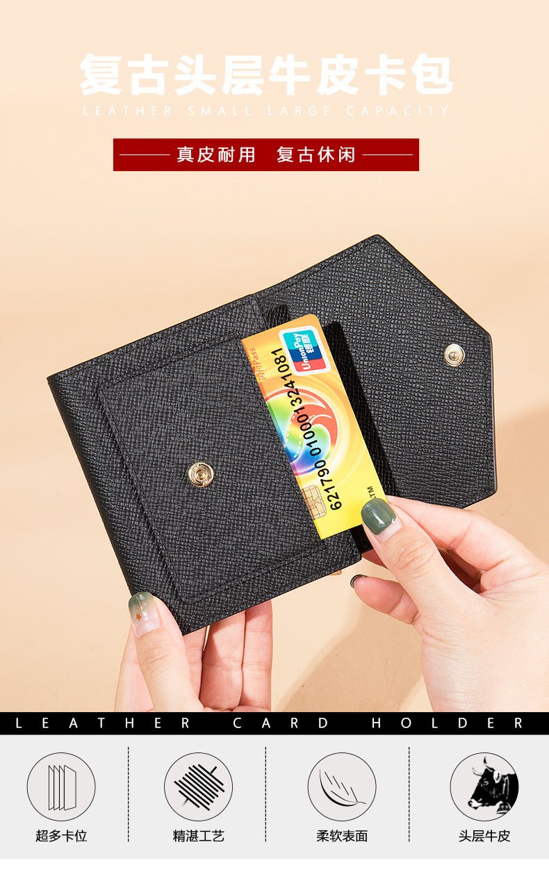 Men's short wallet, genuine cowhide leather, casual lychee pattern, coin, card bag, unisex wallet 