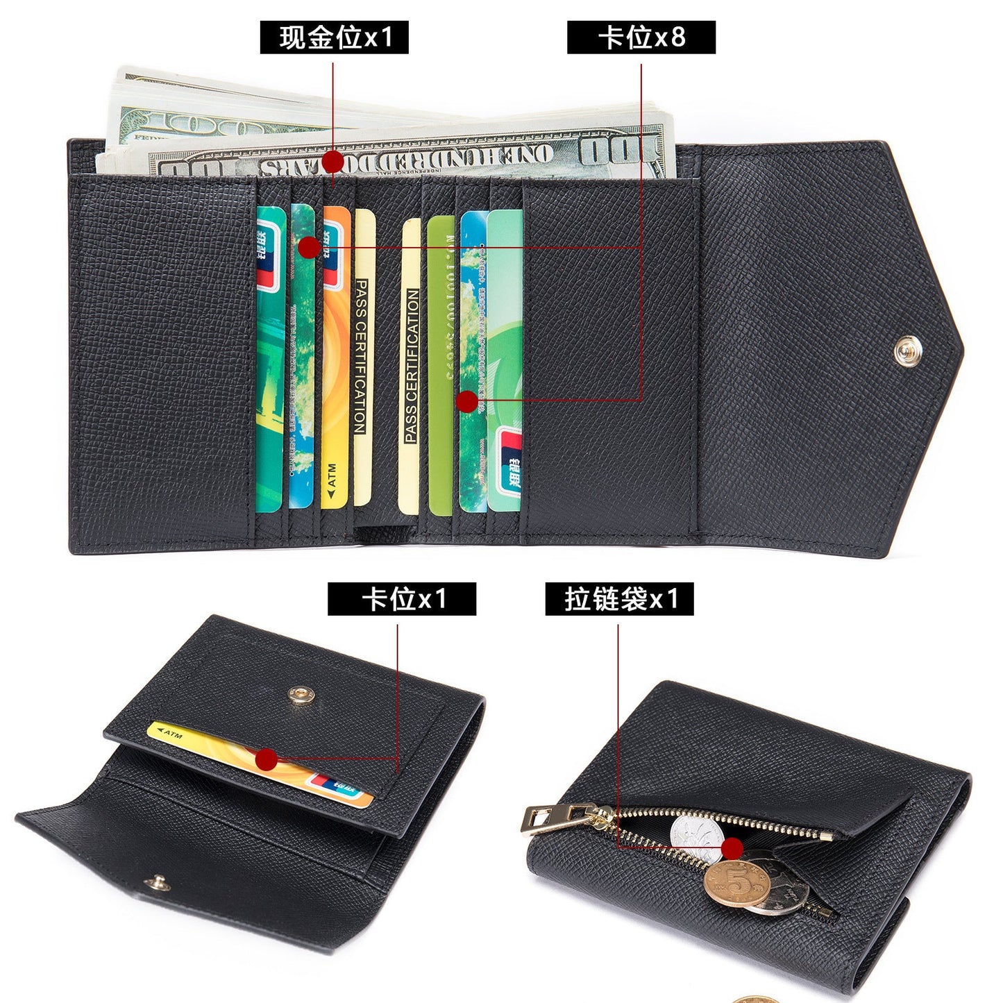 Men's short wallet, genuine cowhide leather, casual lychee pattern, coin, card bag, unisex wallet 
