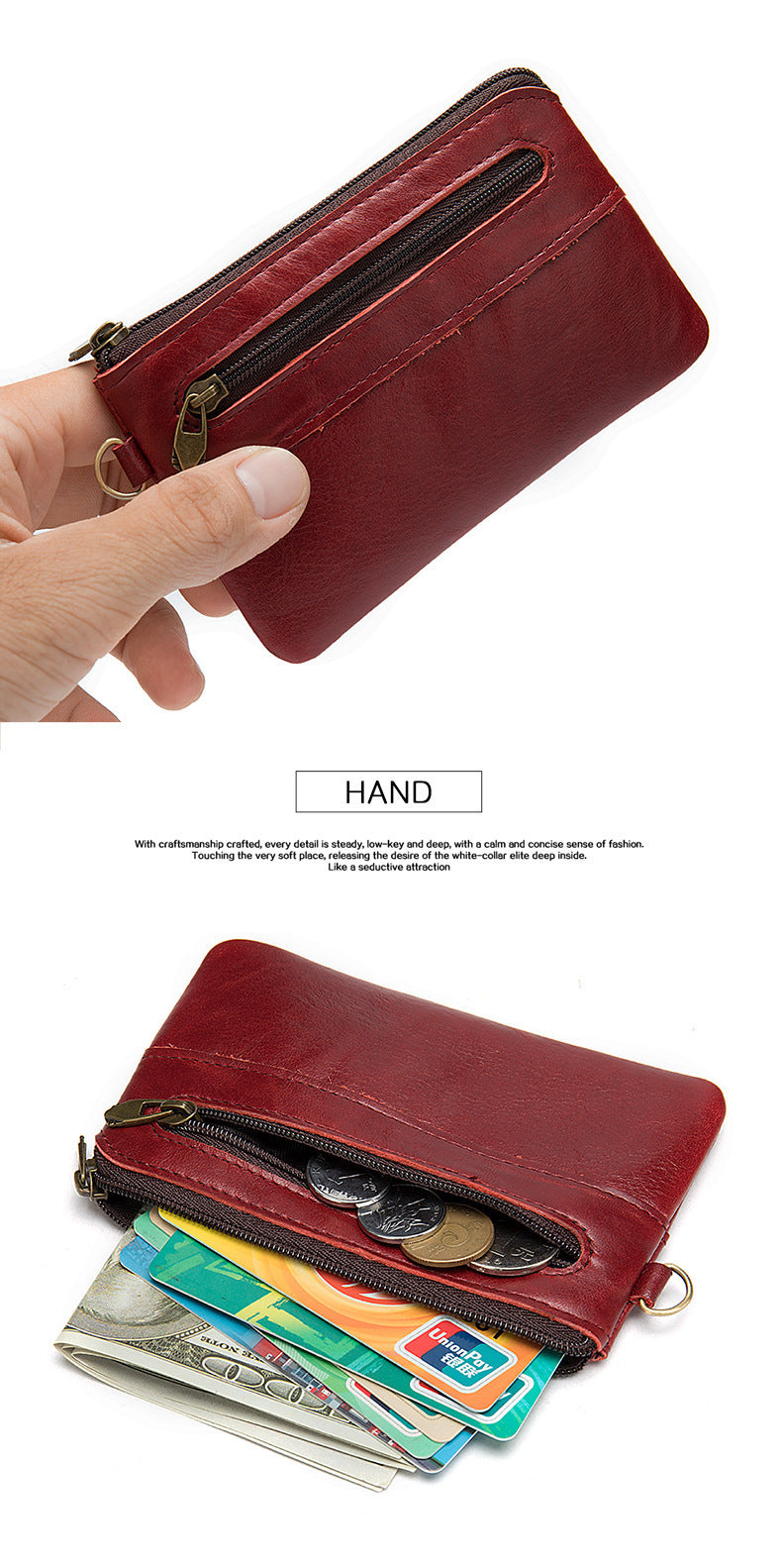 Men's Wallet Cow Leather Retro Casual Zipper Large Capacity Men's Wallet Coin Bag 